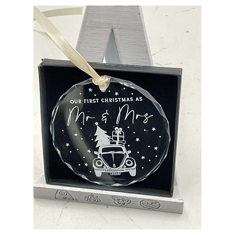 2024‎ Our First Christmas as Mr & Mrs Glass Ornament Faceted Beetle Car New